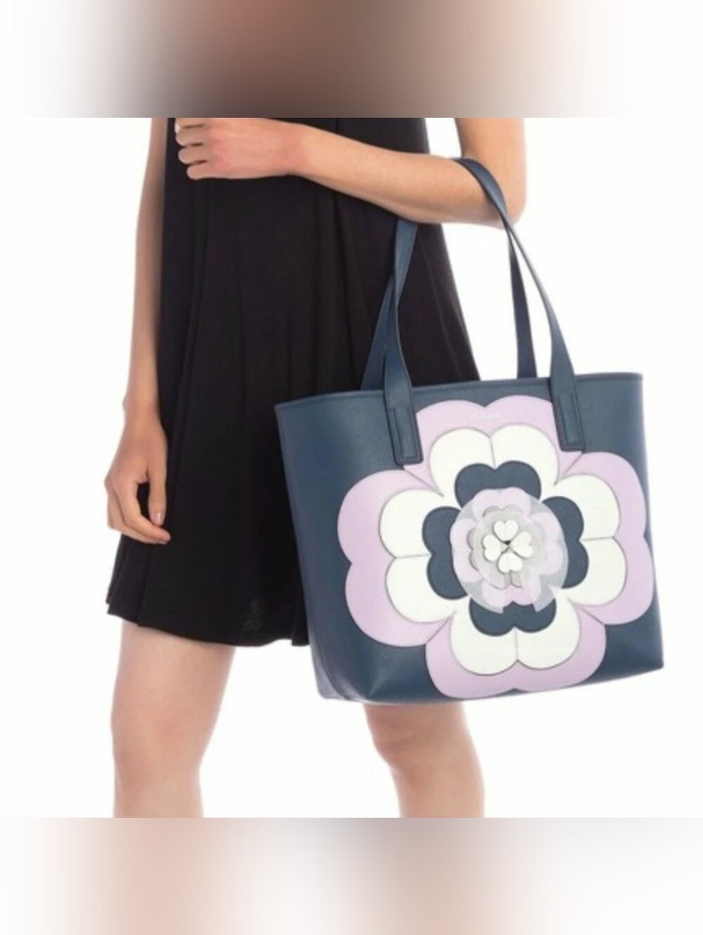 Kate Spade Reiley Spade Flower Applique XL Tote Bag Navy Blue Light Purple White